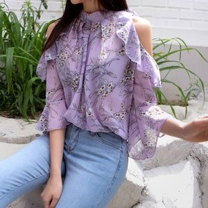 Cutout-Shoulder Floral Print Purple Lilac Blouse